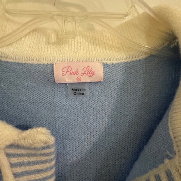 Pink Lily Baby Blue Colorblock Oversized V-Neck Polo/Rugby Sweater Sz XS - Picture 2 of 6